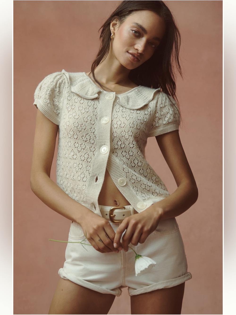 Anthropologie Maeve Short-Sleeve Scallop-Collar Pointelle
Cashmere Cardigan - Picture 4 of 8